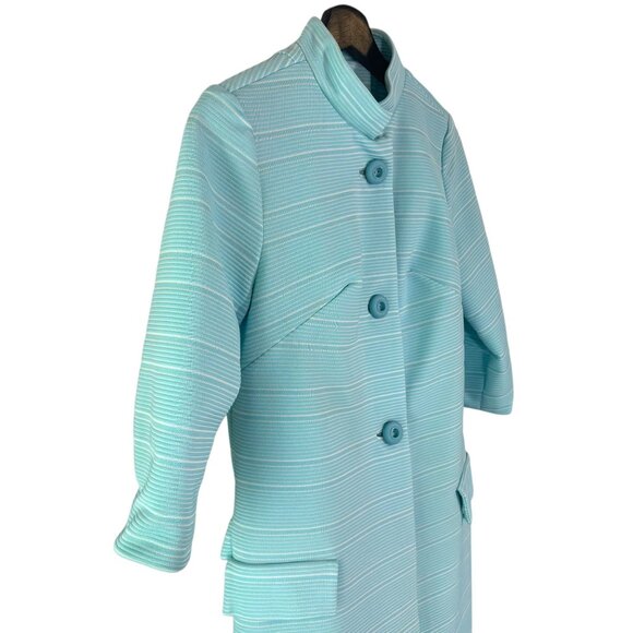 Vintage 60s Blue White Ribbed Long Jacket Medium - Picture 2 of 13